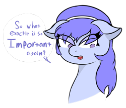 Size: 1340x1150 | Tagged: safe, artist:messenger, oc, oc only, oc:bloo, earth pony, pony, bust, female, floppy ears, headband, important, looking down, mare, no pupils, portrait, simple background, solo, text, transparent background