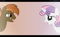 Size: 1280x800 | Tagged: safe, artist:mr kupkake, button mash, sweetie belle, earth pony, pony, crying, female, filly, male, older, scratch21, shipping, stallion, straight, strangers, sweetiemash, youtube link