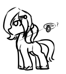 Size: 500x557 | Tagged: safe, artist:thebirdiebin, oc, oc only, oc:emerald jewel, earth pony, pony, adult, amulet, colt quest, cyoa:buttquest, hair over one eye, male, monochrome, no mouth, ponytail, question mark, rough sketch, solo, stallion, unshorn fetlocks, wip