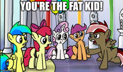 Size: 568x335 | Tagged: safe, artist:petirep, apple bloom, scootaloo, sweetie belle, oc, oc:aurora, oc:aurora dawn, oc:orion comet, fanfic:rainbow factory, mentally advanced series, captain hook the biker gorilla, exploitable meme, fat kid, insult, meme, memegenerator, rainbow dash presents, reaction image, thrackerzod