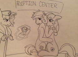 Size: 3084x2253 | Tagged: safe, artist:solarist97, button mash, sweetie belle, oc, oc:sweet tea, pony, adopted offspring, adoption, baby, baby pony, cutie mark, female, male, monochrome, newborn, older, parent:button mash, parent:sweetie belle, parents:sweetiemash, shipping, story in the source, straight, sweetiemash, the cmc's cutie marks, traditional art