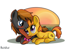 Size: 1201x775 | Tagged: safe, artist:nickdallas, oc, oc only, oc:honey ella, oc:romance heart, female, male, oc x oc, prone, romella, shipping, straight, sunset