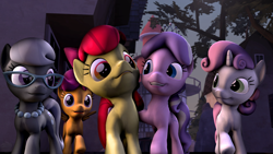 Size: 1280x720 | Tagged: safe, artist:neon-ns, apple bloom, diamond tiara, scootaloo, silver spoon, sweetie belle, 3d, cutie mark crusaders, glasses, necklace