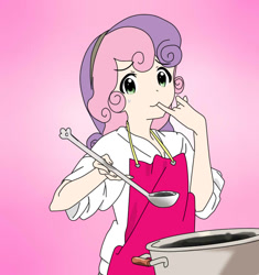 Size: 640x680 | Tagged: safe, artist:alisouza77, sweetie belle, human, apron, clothes, cooking, cute, diasweetes, female, humanized, solo, sweat, sweatdrop, this will end in tears