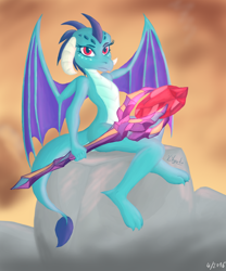 Size: 800x961 | Tagged: safe, artist:vibyckothefallen, dragon lord ember, princess ember, dragon, gauntlet of fire, bloodstone scepter, dragoness, sitting, solo