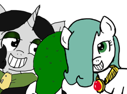 Size: 807x600 | Tagged: safe, artist:ficficponyfic, color edit, edit, edited edit, oc, oc only, oc:anon, oc:emerald jewel, oc:joyride, earth pony, pony, unicorn, adult, amulet, bowtie, child, clothes, color, colored, colt, colt quest, cute, eyeshadow, face of mercy, female, femboy, grin, horn, imminent rape, imminent sex, implied rape, makeup, male, mantle, mare, rapeface, smiling, suit, trap