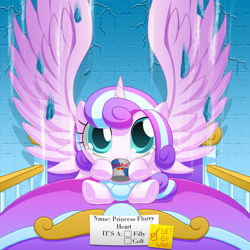 Size: 1000x1000 | Tagged: safe, artist:berrypawnch, princess flurry heart, spoiler:s06, berrypawnch is trying to murder us, crib, debris, diaper, drinking, energy drink, impossibly large wings, large wings, looking at you, red bull, sitting, solo, spread wings, underhoof, wings