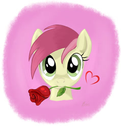 Size: 953x1000 | Tagged: safe, artist:kasaler, roseluck, bust, cute, flower, flower in mouth, heart, looking at you, mouth hold, rose, solo