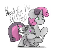 Size: 1500x1000 | Tagged: safe, artist:^:3, sweetie belle, pony, raccoon, unicorn, blood for the blood god, knife