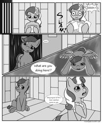 Size: 2100x2500 | Tagged: safe, artist:riscke, diamond tiara, scootaloo, comic:staying dry, comic, dialogue, monochrome, open mouth, speech bubble, surprised, wet