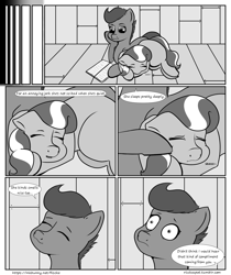 Size: 2100x2500 | Tagged: safe, artist:riscke, diamond tiara, scootaloo, comic:staying dry, book, comic, dialogue, monochrome, reading, sleeping, speech bubble, wide eyes