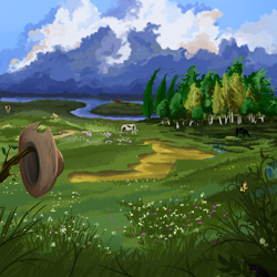 Size: 1024x1024 | Tagged: safe, artist:ba2sairus, cow, applejack's hat, hat, meadow, no pony, river, scenery, stream