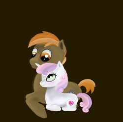 Size: 985x977 | Tagged: safe, artist:bubbleyfisheyo3o, button mash, sweetie belle, blushing, cutie mark, female, male, shipping, simple background, size difference, straight, sweetiemash, the cmc's cutie marks