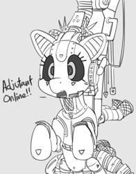 Size: 1280x1635 | Tagged: safe, artist:pabbley, pony, robot, robot pony, adjutant, dialogue, gray background, grayscale, monochrome, open mouth, ponified, simple background, solo, starcraft