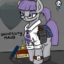 Size: 1000x1000 | Tagged: safe, artist:aer0 zer0, boulder (pet), maud pie, pony, book, clothes, eyeshadow, female, glasses, makeup, mare, necktie, saddle bag, shirt, shoes, skirt, watch, wristwatch