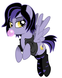 Size: 1715x2135 | Tagged: safe, artist:lostinthetrees, big hero 6, bubblegum, clothes, disney, food, gogo tomago, jacket, ponified, socks, solo, striped socks