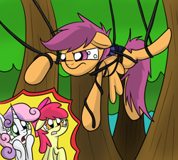 Size: 2000x1800 | Tagged: safe, artist:yourfavoritelove, apple bloom, scootaloo, sweetie belle, blank flank, cutie mark crusaders, parachute, stuck, tangled up, tree, tree sap and pine needles