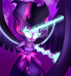 Size: 1024x1096 | Tagged: safe, artist:wubcakeva, midnight sparkle, sci-twi, twilight sparkle, equestria girls, bare shoulders, evil, evil grin, glowing eyes, glowing horn, grin, sleeveless, smiling, solo, strapless