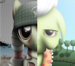 Size: 3139x2745 | Tagged: safe, artist:facelesssoles, granny smith, military, soldier, solo, two sided posters, young granny smith, younger