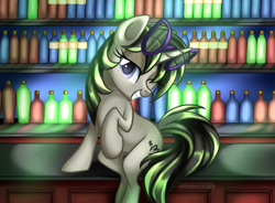 Size: 800x590 | Tagged: safe, artist:arcadianphoenix, oc, oc only, oc:plot frequency, pony, unicorn, bar, sitting, solo, sunglasses, wink