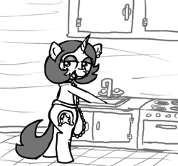 Size: 640x600 | Tagged: safe, artist:ficficponyfic, oc, oc only, oc:joyride, pony, unicorn, adult, apron, cabinet, clothes, colt quest, female, horn, kitchen, kitchen sink, mage, mare, oven, sink, smirk, standing, story included, stove, washing