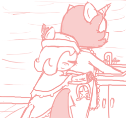 Size: 640x600 | Tagged: safe, artist:ficficponyfic, oc, oc only, oc:emerald jewel, oc:joyride, earth pony, pony, unicorn, apron, cabinet, clothes, colt quest, hat, horn, hug, kitchen, kitchen sink, sink, story included, upset