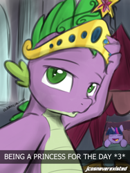Size: 1200x1600 | Tagged: safe, artist:jcosneverexisted, spike, twilight sparkle, twilight sparkle (alicorn), alicorn, dragon, pony, princess spike (episode), *3*, 30 minute art challenge, :d, :o, bed, bedroom, big crown thingy, canterlot, crown, cute, debate in the comments, duckface, element of magic, elements of harmony, emoticon, eyes closed, female, hashtag, jewelry, lidded eyes, looking at you, male, mare, open mouth, pose, regalia, selfie, signature, sleeping, smiling, snapchat, solo focus, spikabetes, stupid sexy spike, twiabetes, watermark
