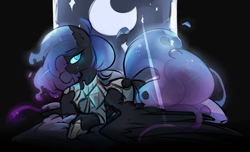 Size: 1024x623 | Tagged: safe, artist:soulwarri0r, nightmare moon, bed, moon, prone, solo, spread wings