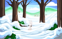 Size: 2560x1600 | Tagged: safe, artist:mysticalpha, angel bunny, plant, scenery, snow, solo, tree