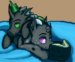 Size: 150x125 | Tagged: safe, artist:graytr, oc, oc only, oc:icarys, oc:spotted record, changeling, book, cuddling, cuteling, green changeling, male, picture for breezies, purple changeling, reading, snuggling