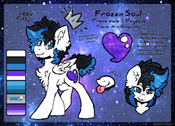 Size: 1121x809 | Tagged: safe, artist:iroxykun, oc, oc only, oc:frozen soul, pegasus, pony, bedroom eyes, crown, cutie mark, facial hair, male, piercing, reference sheet, solo, stallion, text, transgender, wings