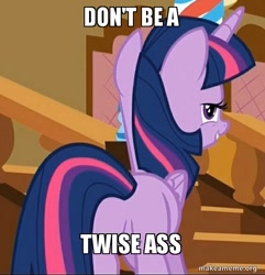 Size: 562x583 | Tagged: safe, edit, edited screencap, screencap, twilight sparkle, twilight sparkle (alicorn), alicorn, pony, the one where pinkie pie knows, bedroom eyes, caption, cropped, female, image macro, looking at you, mare, meme, plot, smiling, solo, staircase, stairs, twibutt, twiseass sparkle, vulgar, wiseass