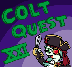 Size: 640x600 | Tagged: safe, artist:ficficponyfic, oc, oc only, oc:emerald jewel, amulet, child, clothes, colt, colt quest, cute, cutlass, cyoa, eyepatch, femboy, foal, hat, logo, male, pirate, ponytail, recap, sword, trap, weapon