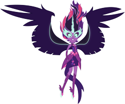 Size: 4990x4172 | Tagged: safe, artist:illumnious, midnight sparkle, sci-twi, twilight sparkle, equestria girls, friendship games, absurd resolution, adobe illustrator, bare shoulders, clothes, dress, fingerless gloves, floating, gloves, glowing eyes, horn, simple background, sleeveless, solo, strapless, transparent background, vector, wings