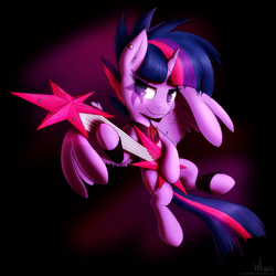 Size: 4000x4000 | Tagged: safe, artist:whazzam95, part of a set, twilight sparkle, twilight sparkle (alicorn), alicorn, pony, absurd resolution, alternate hairstyle, electric guitar, female, guitar, looking at you, mare, punklight sparkle, solo