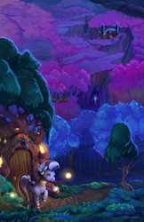 Size: 1650x2550 | Tagged: safe, artist:viwrastupr, zecora, timber wolf, zebra, castle of the royal pony sisters, cave of harmony, color porn, everfree forest, mouth hold, night, poison joke, potion, scenery, solo, tree, tree of harmony, zecora's hut