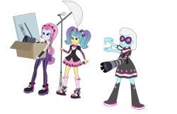 Size: 15019x9659 | Tagged: safe, artist:pink1ejack, photo finish, pixel pizazz, violet blurr, equestria girls, photo finished, absurd resolution, boots, box, camera, clothes, high heel boots, shoes, simple background, socks, sunglasses, the snapshots, transparent background, vector