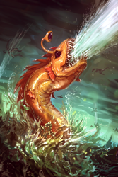 Size: 960x1440 | Tagged: safe, artist:assasinmonkey, dragon, geyser eel, gauntlet of fire, dragon lands, monster, ocean, scene interpretation, sea monster, signature, solo focus