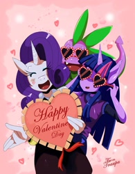 Size: 2448x3131 | Tagged: safe, artist:traupa, derpibooru import, rarity, spike, twilight sparkle, anthro, dragon, clothes, cute, eyes closed, fangs, heart, hearts and hooves day, open mouth, smiling, style emulation, sunglasses, trio, valentine's day