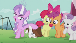 Size: 1280x720 | Tagged: safe, screencap, apple bloom, diamond tiara, pipsqueak, scootaloo, sweetie belle, earth pony, pony, crusaders of the lost mark, colt, cutie mark crusaders, domination, male, underhoof