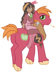 Size: 1154x1488 | Tagged: safe, artist:moronsonofboron, big macintosh, oc, oc:darcy, pony, satyr, apron, clothes, dress, father and child, father and daughter, male, offspring, parent and child, parent:big macintosh, satyrs riding ponies, simple background, white background
