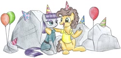 Size: 1017x488 | Tagged: safe, artist:islamilenaria, boulder (pet), cheese sandwich, maud pie, earth pony, pony, balloon, clothes, crack shipping, cropped, dress, hat, male, maudwich, party hat, rock, shipping, sitting, straight, traditional art