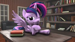 Size: 1920x1080 | Tagged: safe, artist:fd-daylight, twilight sparkle, twilight sparkle (alicorn), alicorn, pony, 3d, alternate hairstyle, book, bookhorse, bookshelf, female, looking at you, mare, pose, punklight sparkle, seductive, sofa, solo, source filmmaker, table, wink
