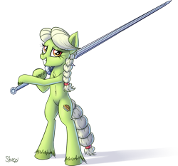 Size: 1379x1287 | Tagged: safe, artist:skorpionletun, granny smith, earth pony, pony, belly button, bipedal, braid, braided tail, chest fluff, female, greatsword, mare, simple background, solo, sword, transparent background, weapon, young granny smith, zweihander