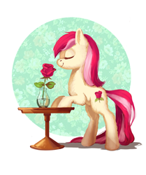 Size: 1500x1795 | Tagged: safe, artist:lis-alis, roseluck, earth pony, pony, abstract background, cute, eyes closed, female, flower, fluffy, long tail, mare, rose, sniffing, solo, table, vase