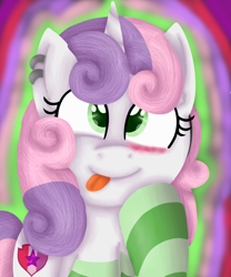 Size: 1024x1229 | Tagged: safe, artist:fennelynthefennekin1, sweetie belle, pony, :p, backwards cutie mark, clothes, cutie mark, earring, older, piercing, silly, silly pony, socks, solo, striped socks, teenager, the cmc's cutie marks, tongue out