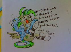 Size: 833x603 | Tagged: safe, artist:pandan009, oc, oc only, oc:screwpine, clothes, hoodie, irrational exuberance, photo, smiling, socks, striped socks, traditional art