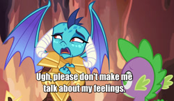 Size: 1089x633 | Tagged: safe, screencap, princess ember, spike, dragon, gauntlet of fire, armor, caption, cropped, dragon armor, image macro, meme, open mouth, reaction image, subtitles, tsundember, tsundere