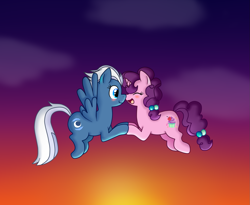 Size: 1491x1224 | Tagged: safe, artist:tarana10, night glider, sugar belle, blushing, cute, eyes closed, female, floating, flying, happy, holding hooves, how, lesbian, open mouth, shipping, smiling, sugarglider, sunset