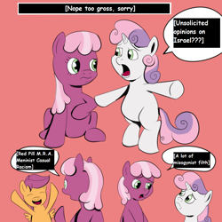 Size: 976x976 | Tagged: safe, artist:anonymous, edit, cheerilee, scootaloo, sweetie belle, pony, /pone/, 8chan, bipedal, eyes closed, frown, marvel, misogyny, mra, open mouth, sitting, smiling, unsolicited opinions on israel